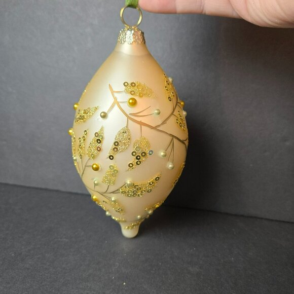 Frontgate Gold Teardrop Christmas Ornament With Pearl And Sequin Leaf Design 6" - Picture 2 of 9